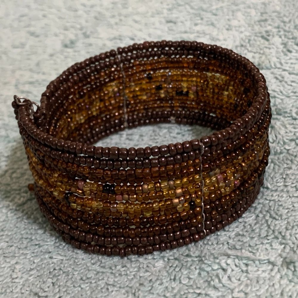 Brown Amber Glass Seed Beaded Cuff Bracelet